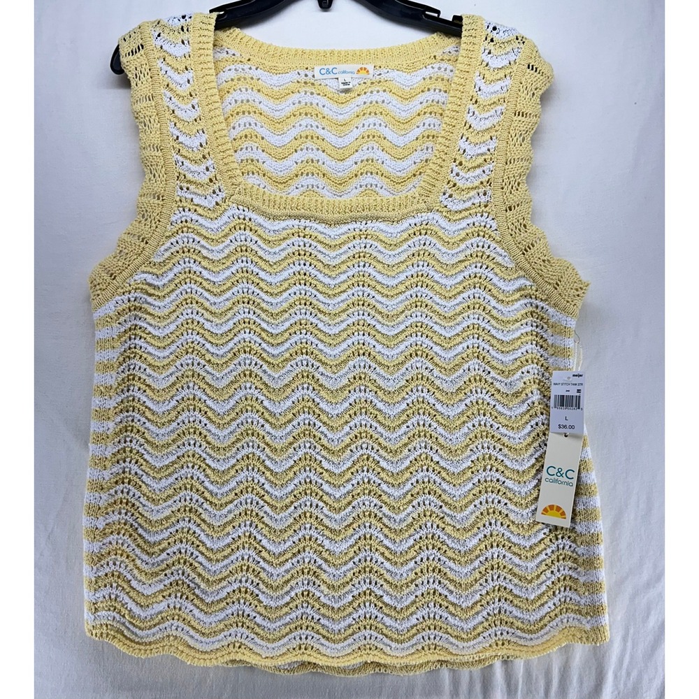 C&C California Wavy Stitch Tank Top Yellow White Chevron Knit Square Neck L